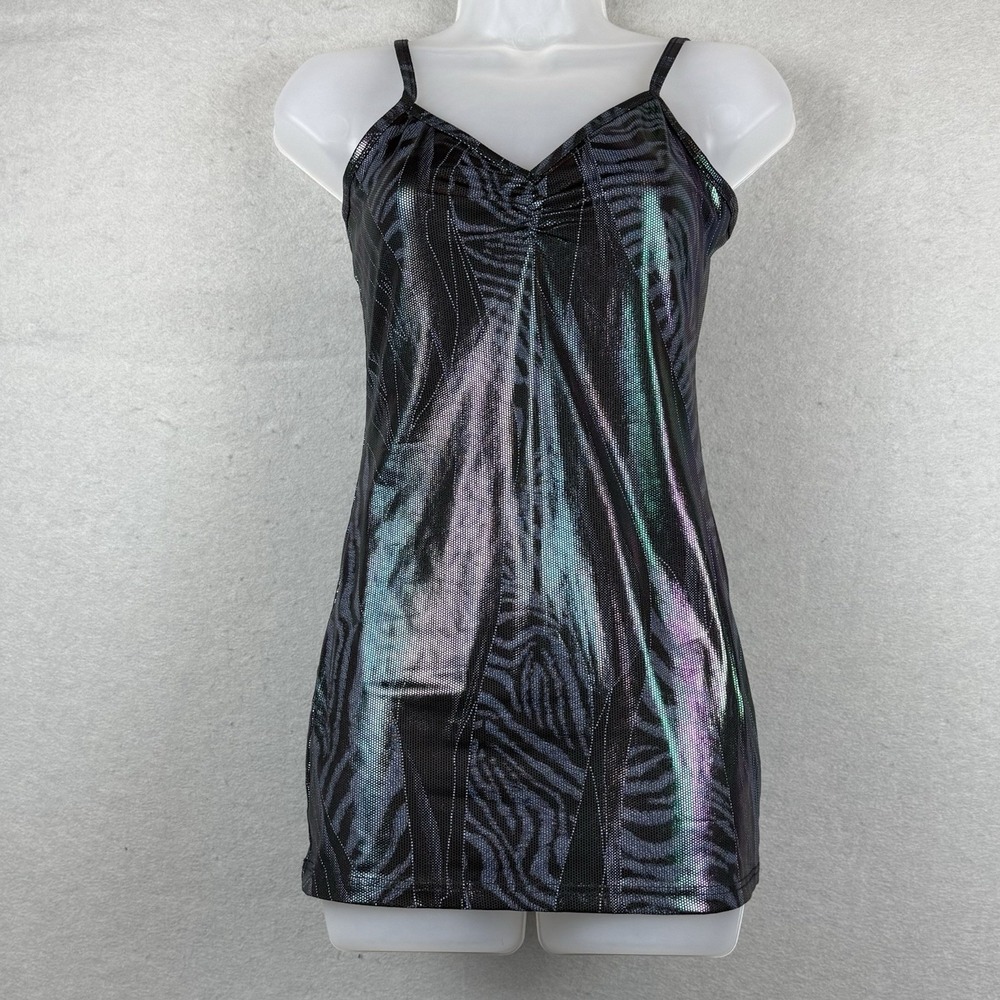 BKE Y2K Black Iridescent Snakeskin Zebra Print Tank Ruched Metallic Top Sz‎ M